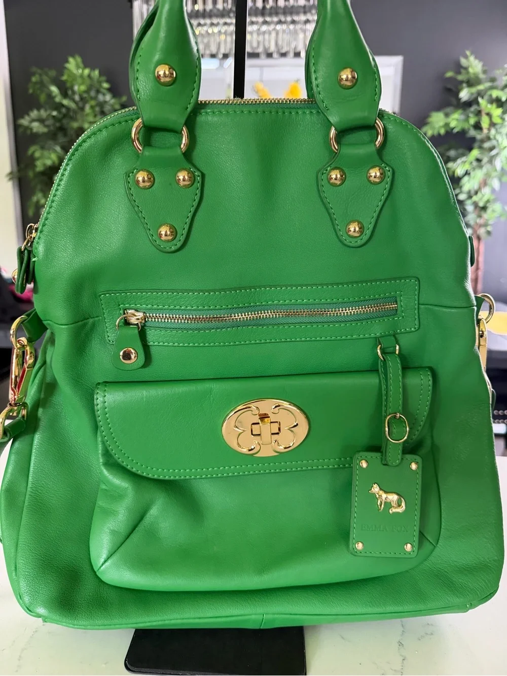 Emma Fox Green Leather Backpack with Gold Hardware - Picture 1 of 9